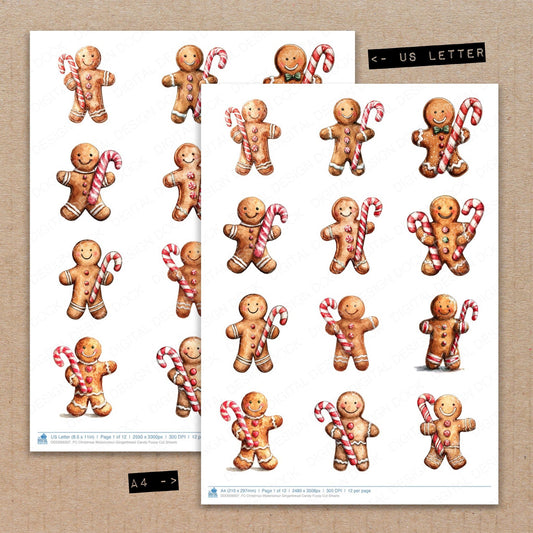 A4 and US Letter format comparison showing Christmas Watercolour Gingerbread Candy fussy cut pages for print and cut crafting