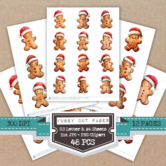 Christmas Watercolour Gingerbread Santa fussy cut printable sheets for junk journaling, scrapbooking, and paper craft projects