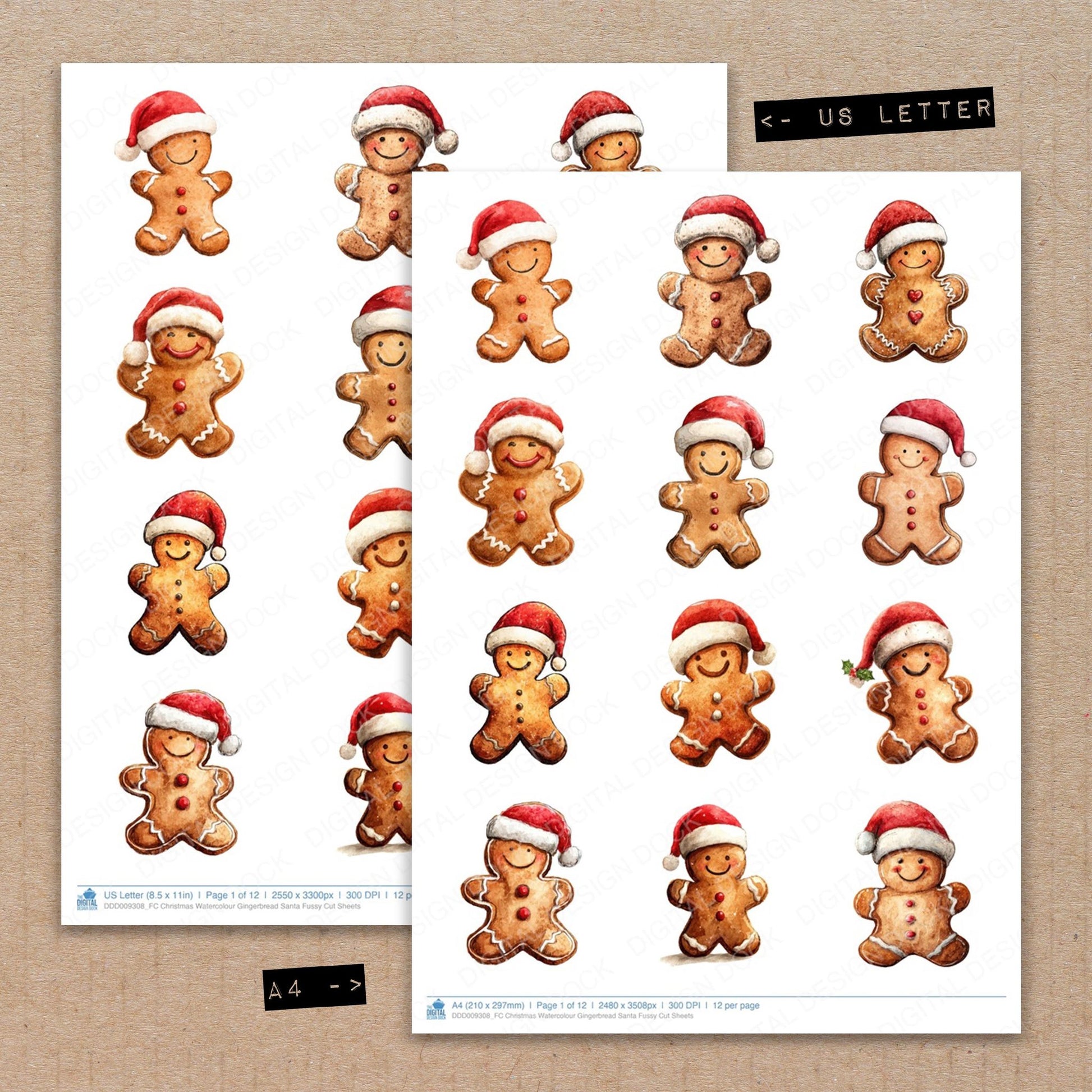 A4 and US Letter format comparison showing Christmas Watercolour Gingerbread Santa fussy cut pages for print and cut crafting