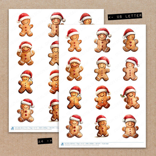 A4 and US Letter format comparison showing Christmas Watercolour Gingerbread Santa fussy cut pages for print and cut crafting