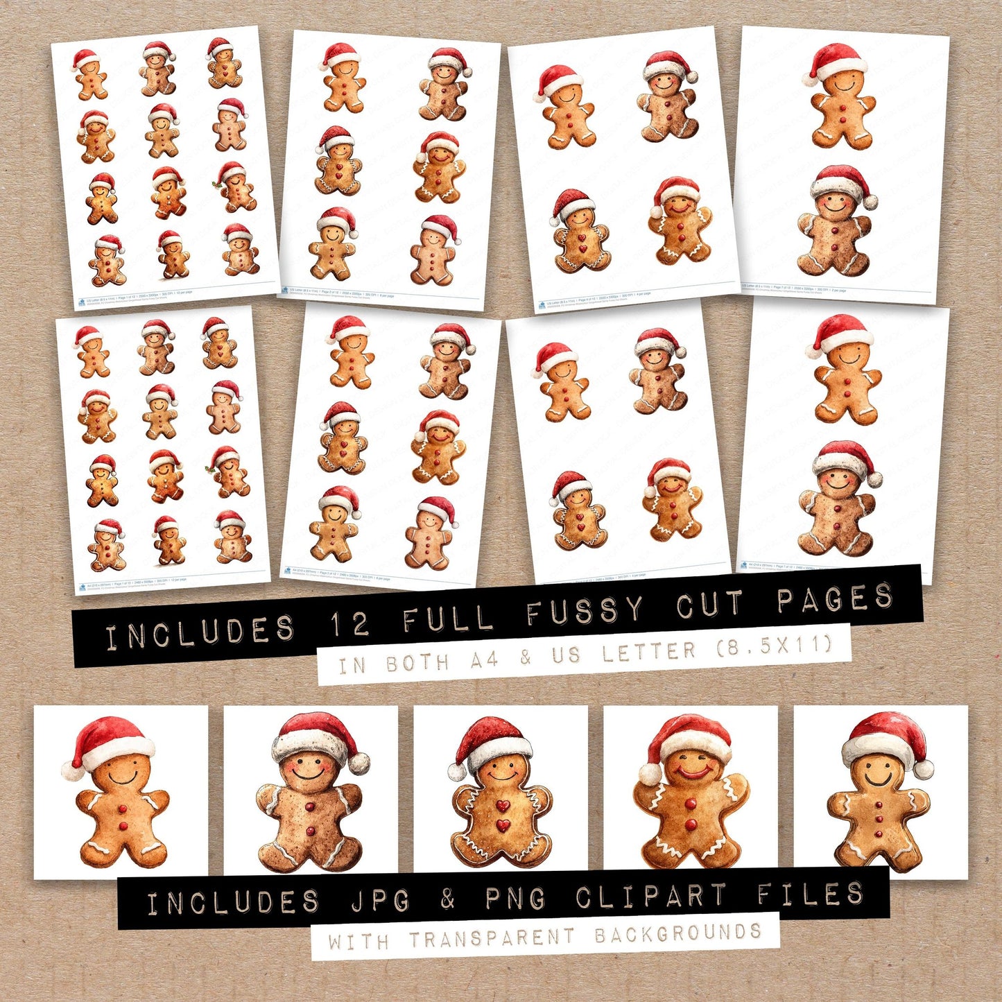 Full collection view of Christmas Watercolour Gingerbread Santa fussy cut sheets with bonus clipart JPG and PNG files