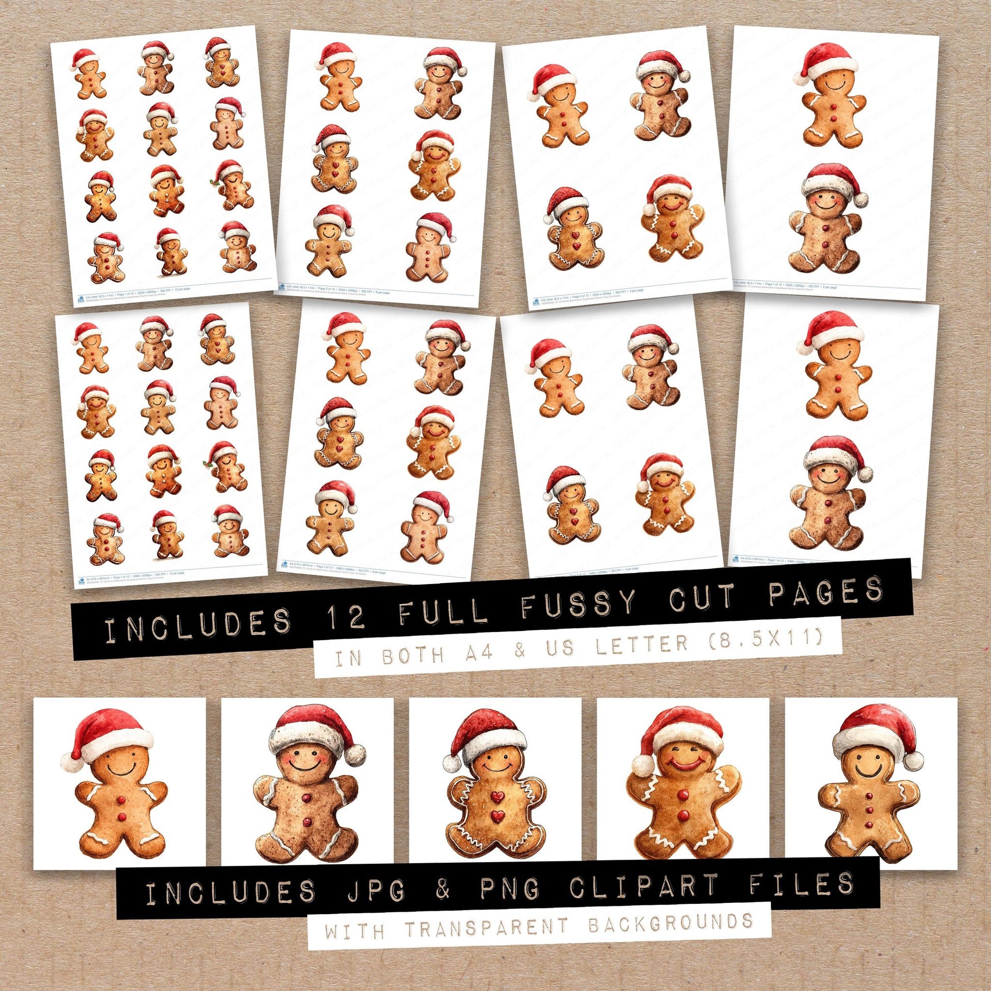 Full collection view of Christmas Watercolour Gingerbread Santa fussy cut sheets with bonus clipart JPG and PNG files