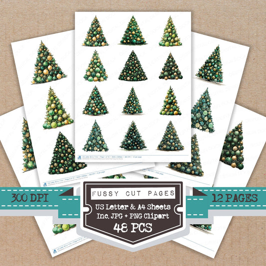 Christmas Watercolour Grand Tree fussy cut printable sheets for junk journaling, scrapbooking, and paper craft projects