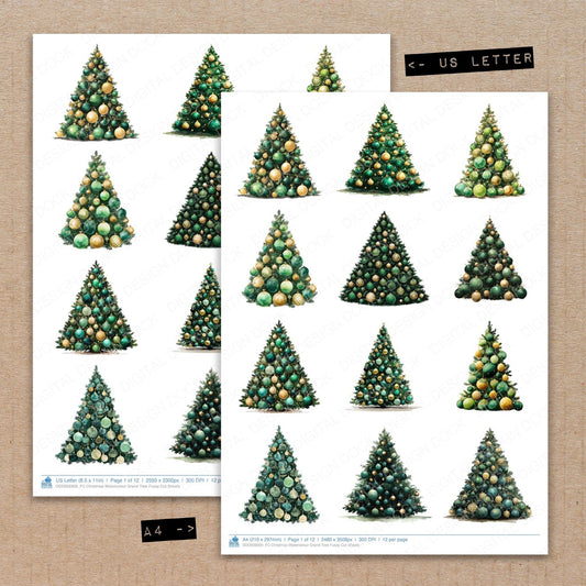 A4 and US Letter format comparison showing Christmas Watercolour Grand Tree fussy cut pages for print and cut crafting