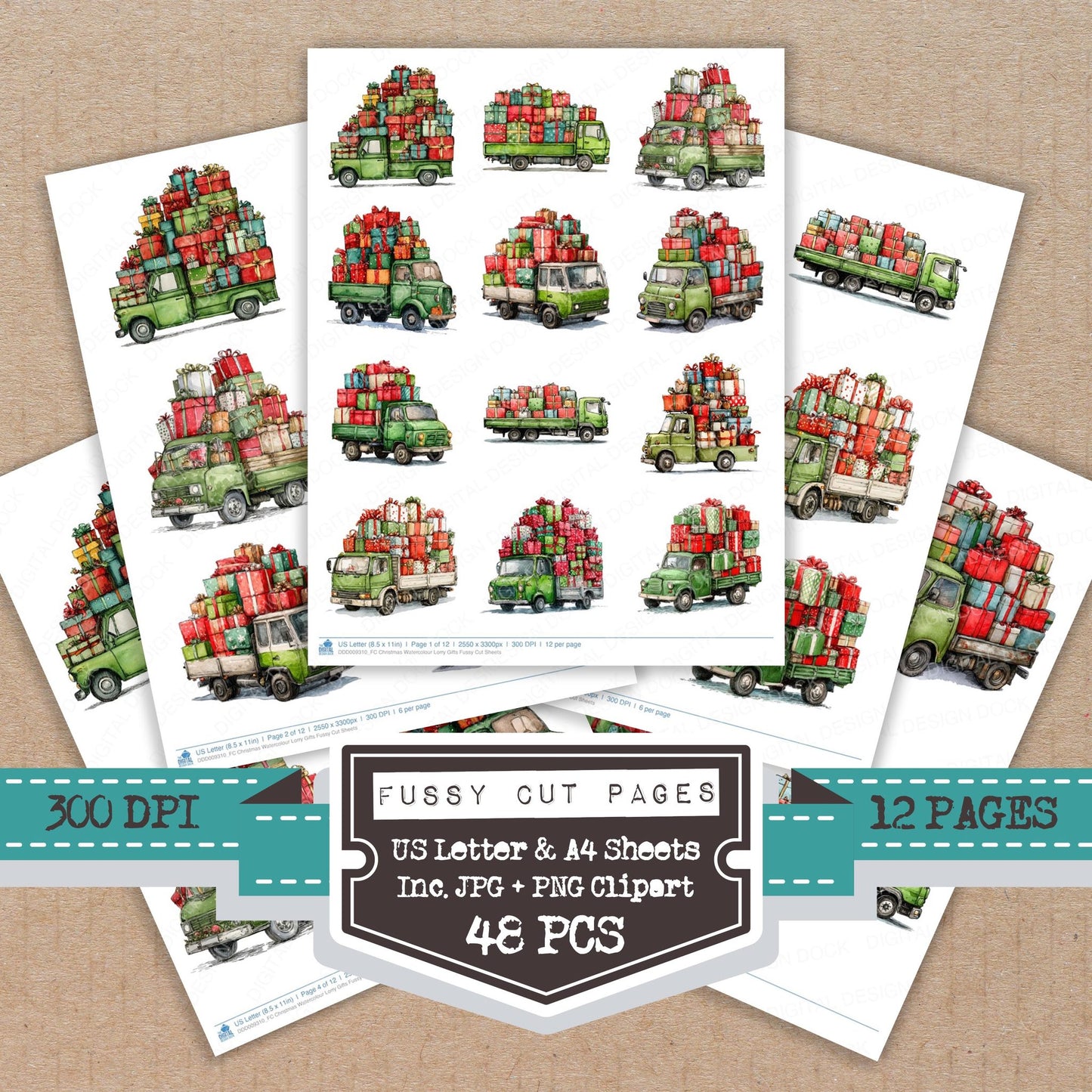 Christmas Watercolour Lorry Gifts fussy cut printable sheets for junk journaling, scrapbooking, and paper craft projects