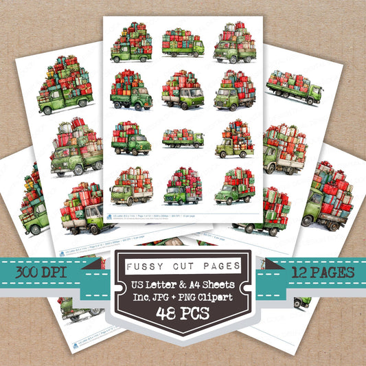 Christmas Watercolour Lorry Gifts fussy cut printable sheets for junk journaling, scrapbooking, and paper craft projects