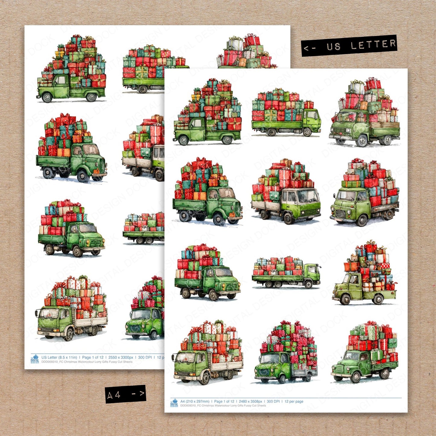 A4 and US Letter format comparison showing Christmas Watercolour Lorry Gifts fussy cut pages for print and cut crafting