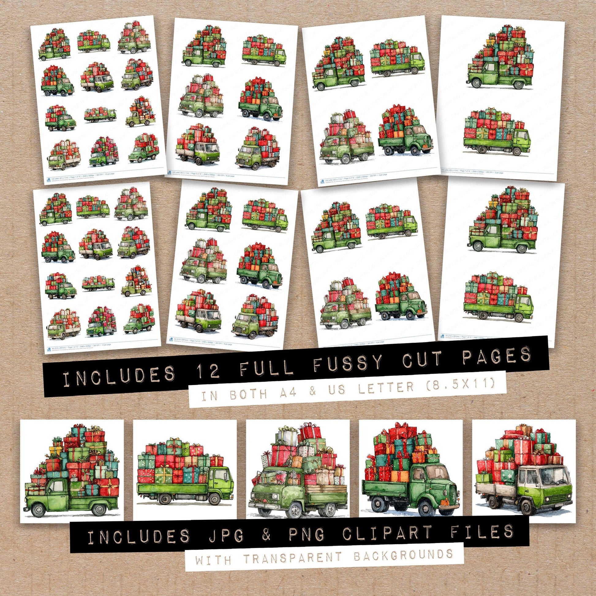 Full collection view of Christmas Watercolour Lorry Gifts fussy cut sheets with bonus clipart JPG and PNG files