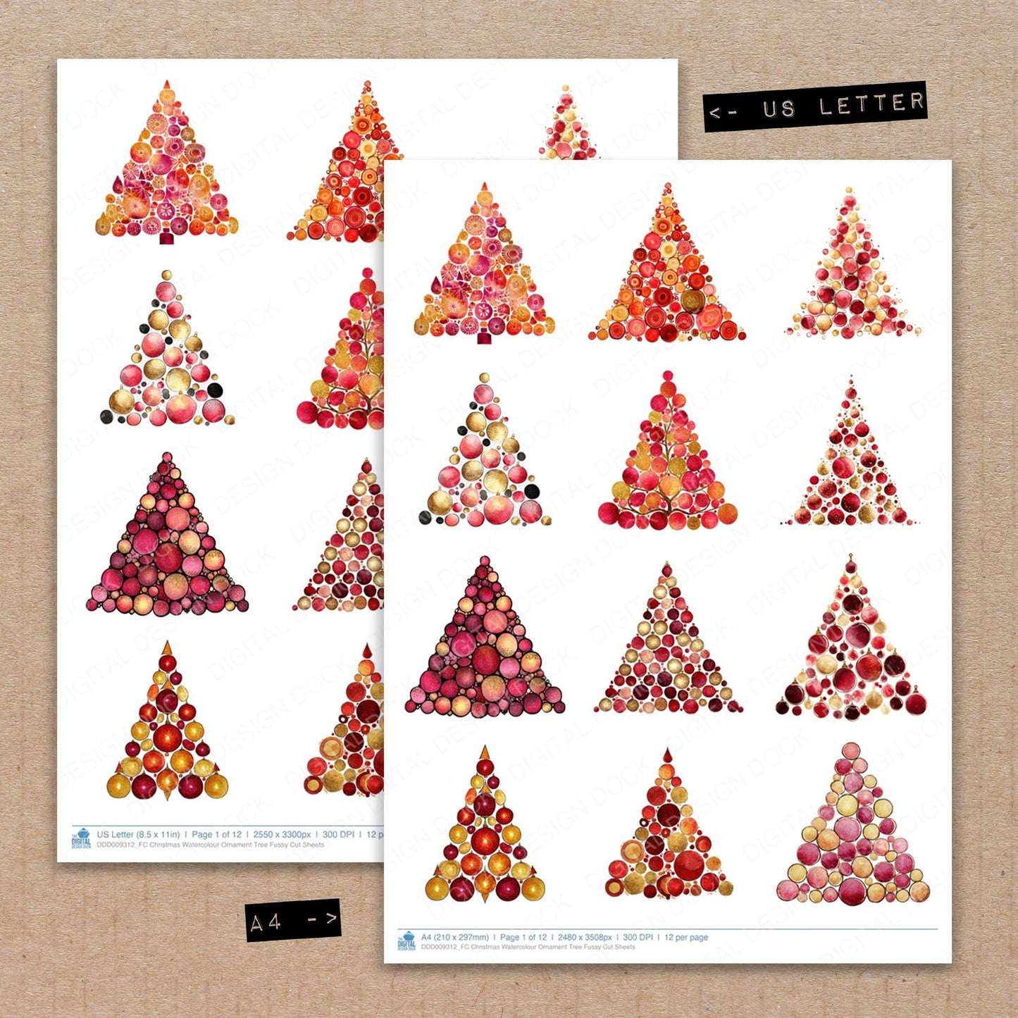 A4 and US Letter format comparison showing Christmas Watercolour Ornament Tree fussy cut pages for print and cut crafting