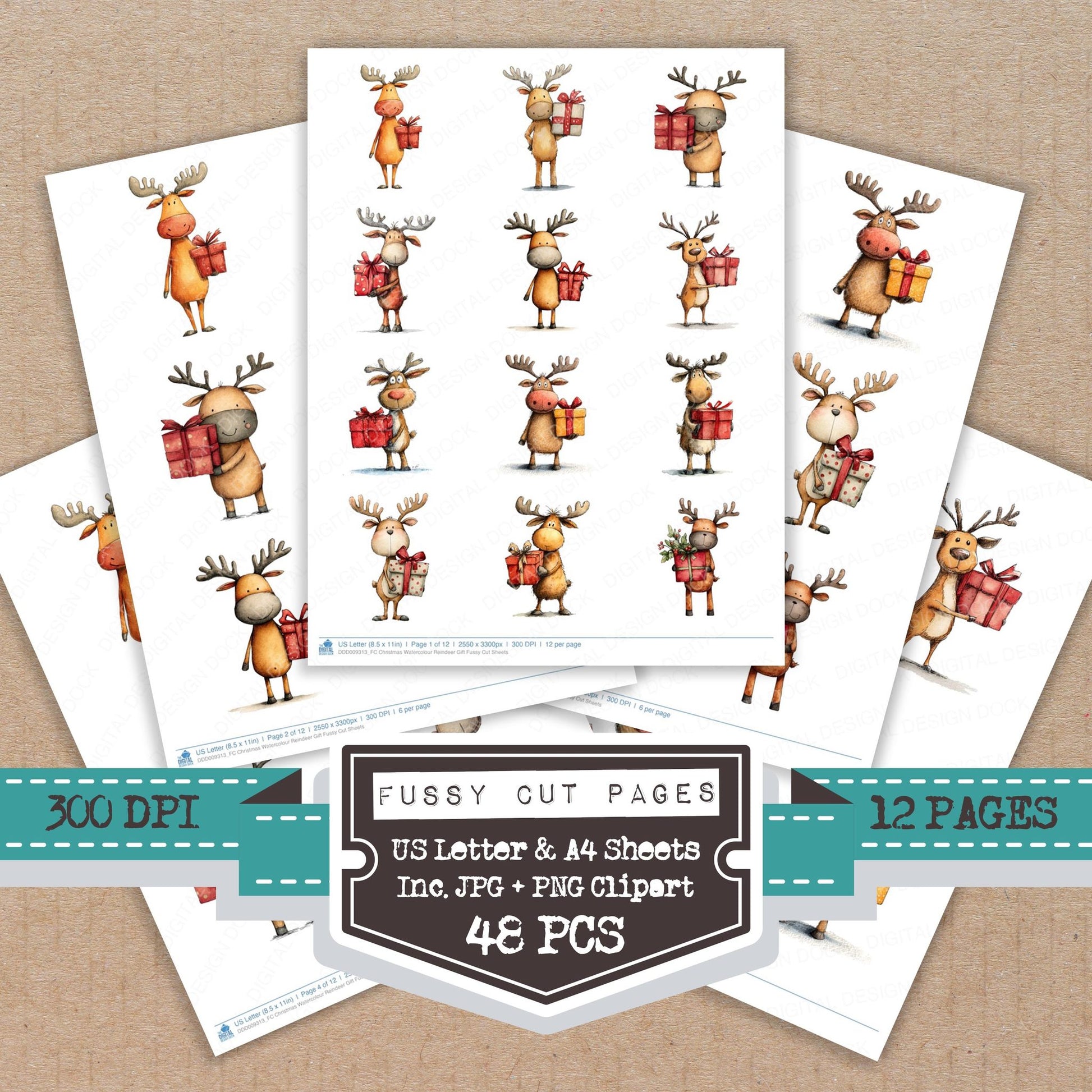 Christmas Watercolour Reindeer Gift fussy cut printable sheets for junk journaling, scrapbooking, and paper craft projects