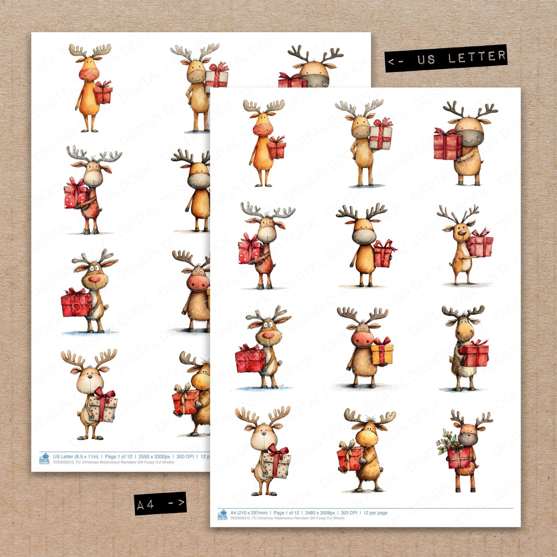 A4 and US Letter format comparison showing Christmas Watercolour Reindeer Gift fussy cut pages for print and cut crafting