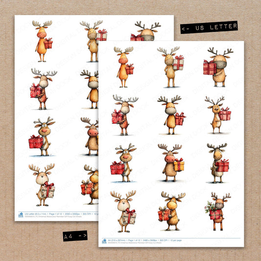 A4 and US Letter format comparison showing Christmas Watercolour Reindeer Gift fussy cut pages for print and cut crafting
