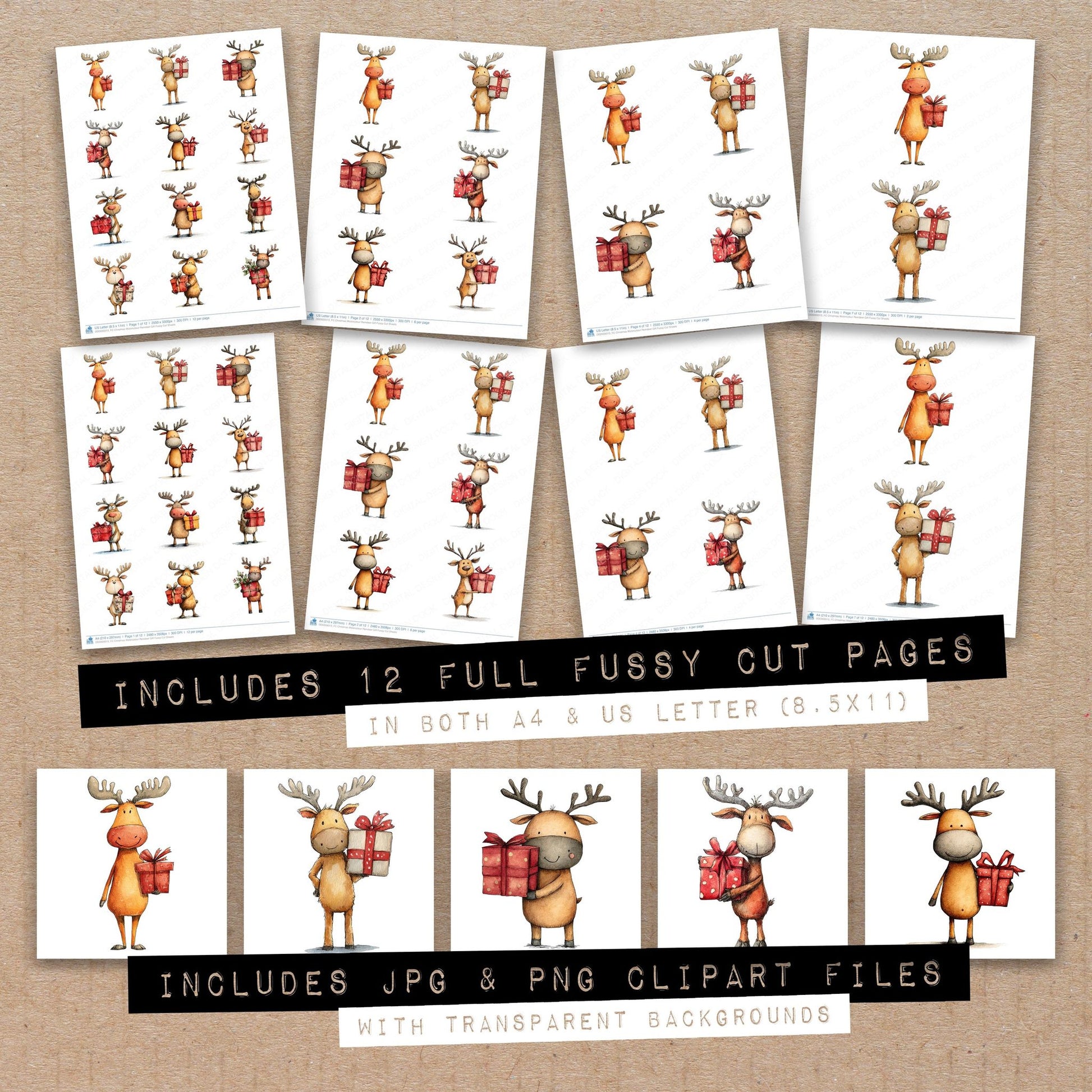 Full collection view of Christmas Watercolour Reindeer Gift fussy cut sheets with bonus clipart JPG and PNG files