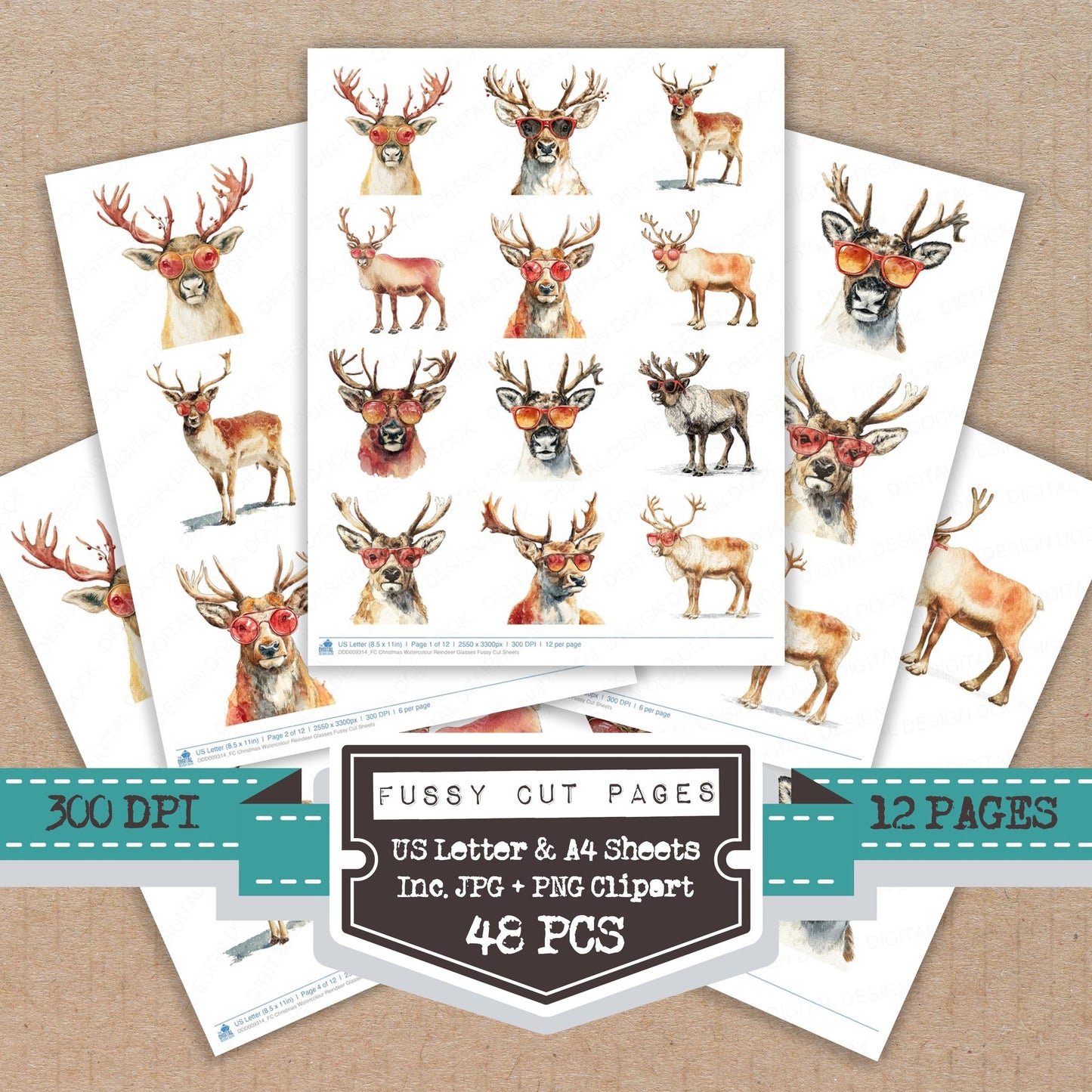 Christmas Watercolour Reindeer Glasses fussy cut printable sheets for junk journaling, scrapbooking, and paper craft projects