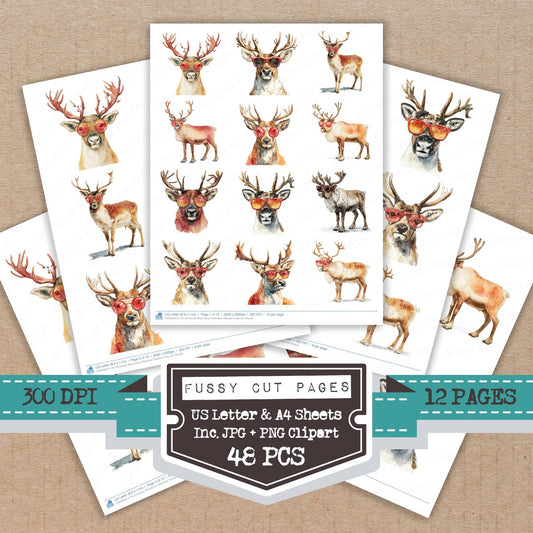 Christmas Watercolour Reindeer Glasses fussy cut printable sheets for junk journaling, scrapbooking, and paper craft projects