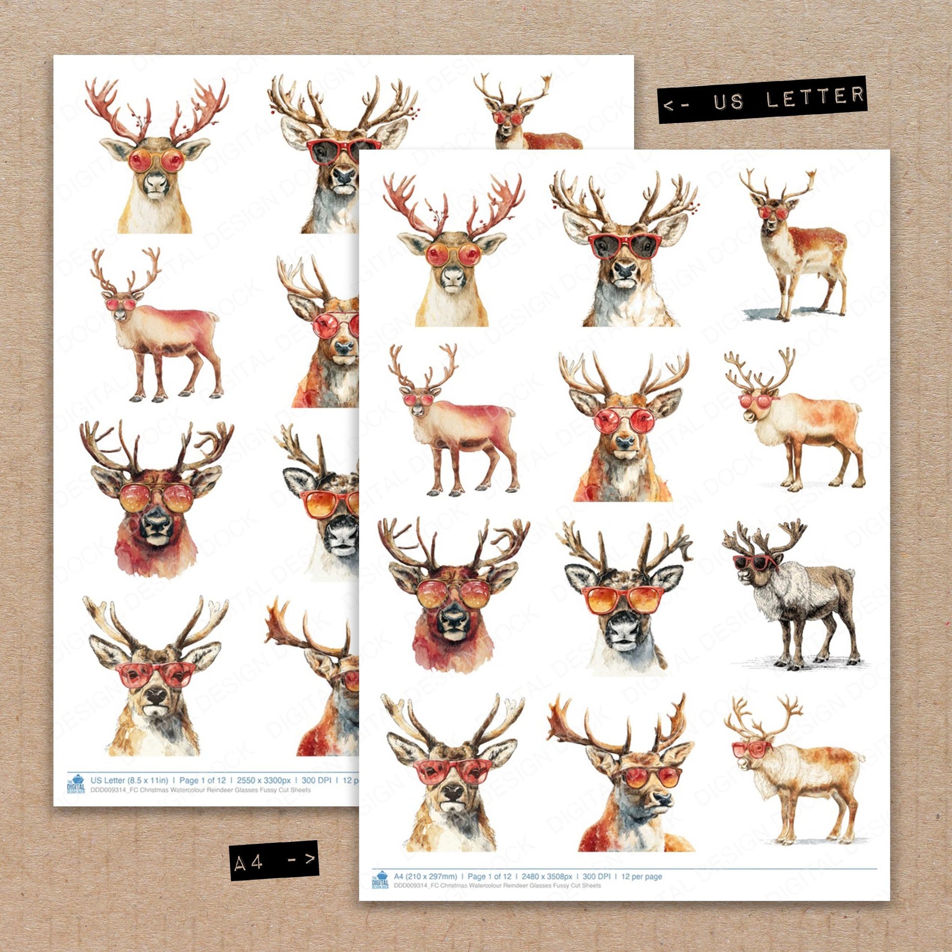 A4 and US Letter format comparison showing Christmas Watercolour Reindeer Glasses fussy cut pages for print and cut crafting