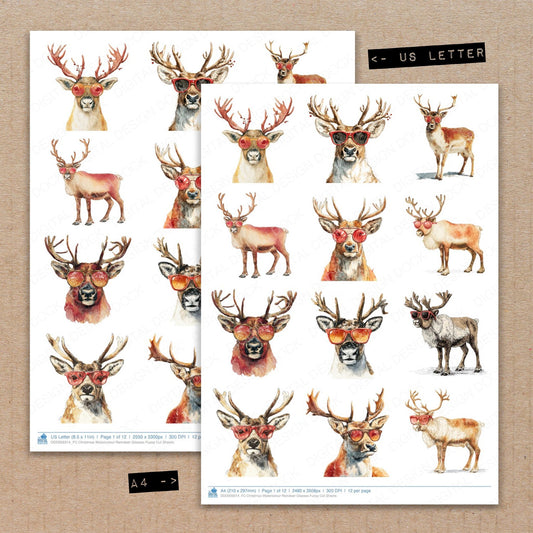 A4 and US Letter format comparison showing Christmas Watercolour Reindeer Glasses fussy cut pages for print and cut crafting