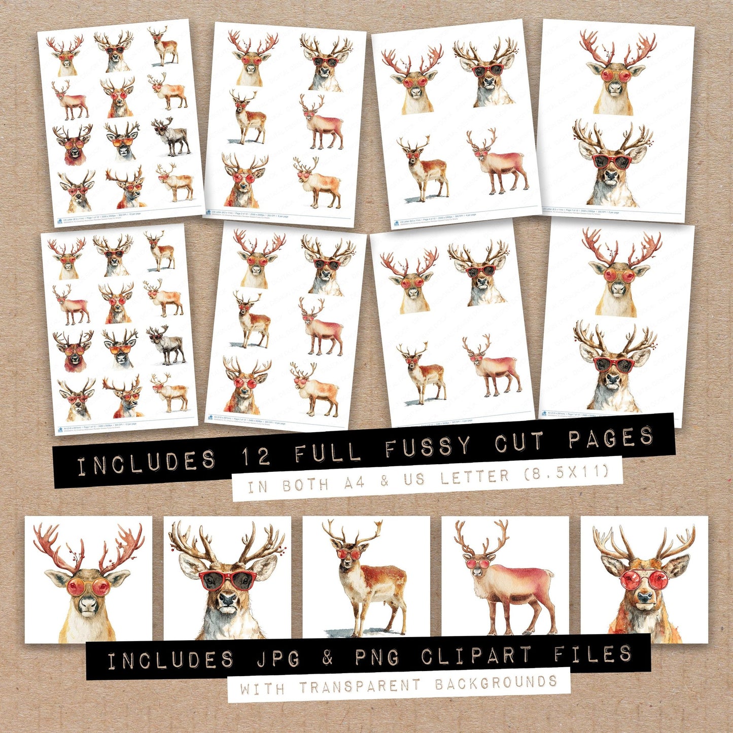 Full collection view of Christmas Watercolour Reindeer Glasses fussy cut sheets with bonus clipart JPG and PNG files