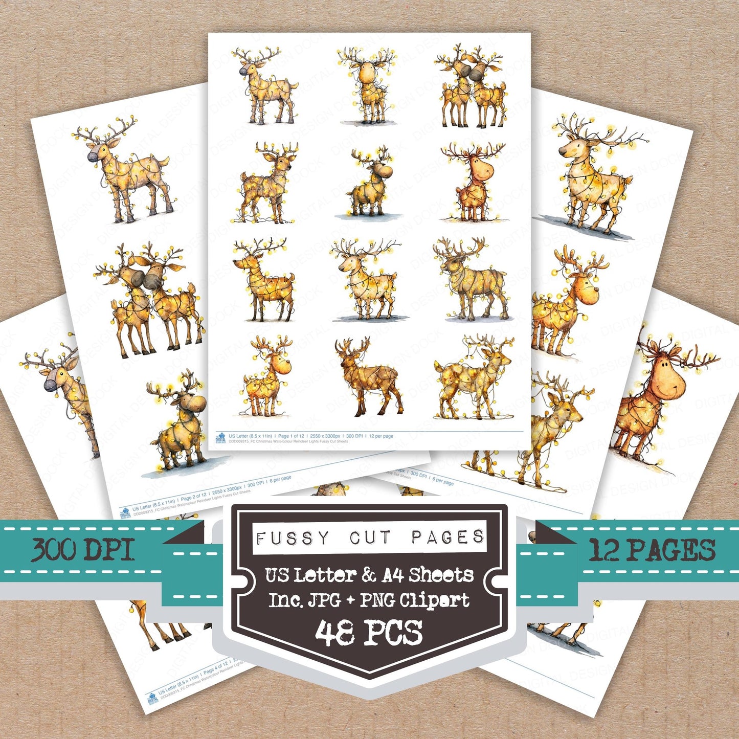 Christmas Watercolour Reindeer Lights fussy cut printable sheets for junk journaling, scrapbooking, and paper craft projects