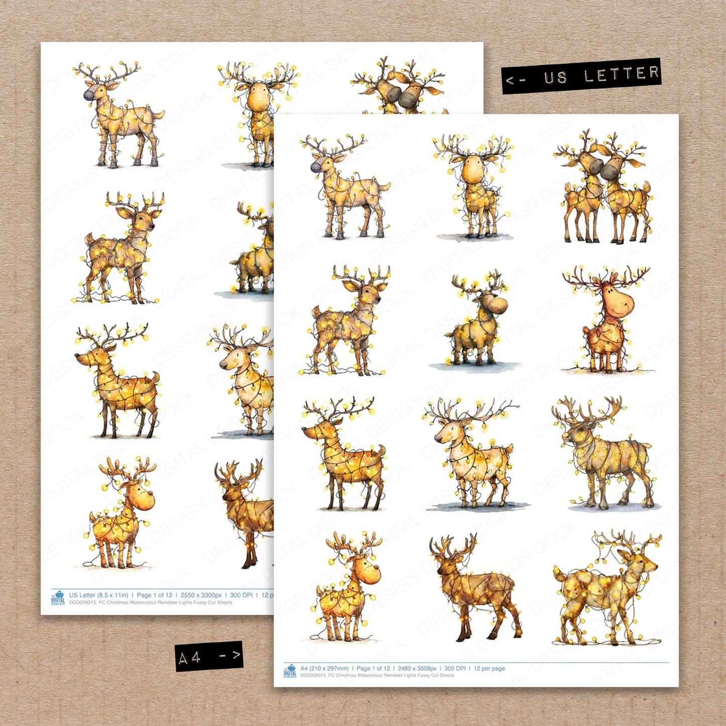A4 and US Letter format comparison showing Christmas Watercolour Reindeer Lights fussy cut pages for print and cut crafting