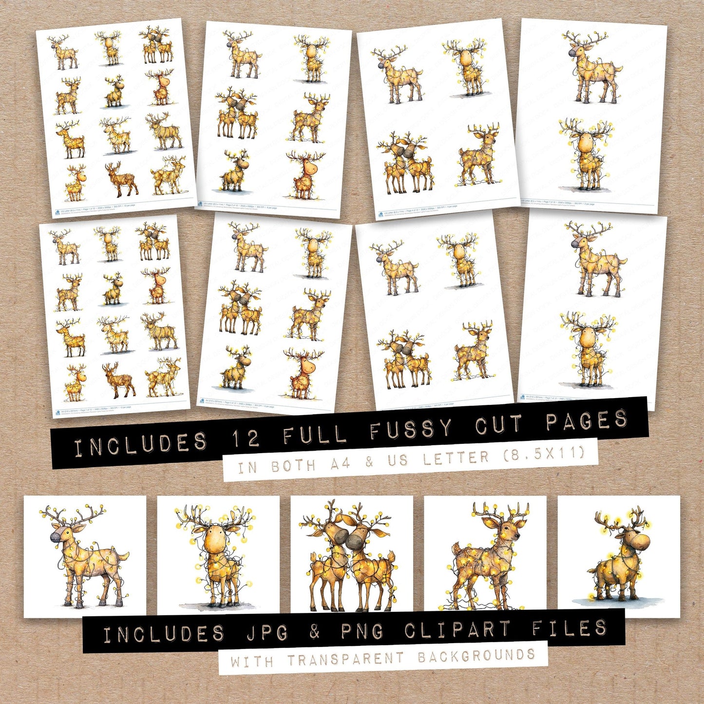 Full collection view of Christmas Watercolour Reindeer Lights fussy cut sheets with bonus clipart JPG and PNG files