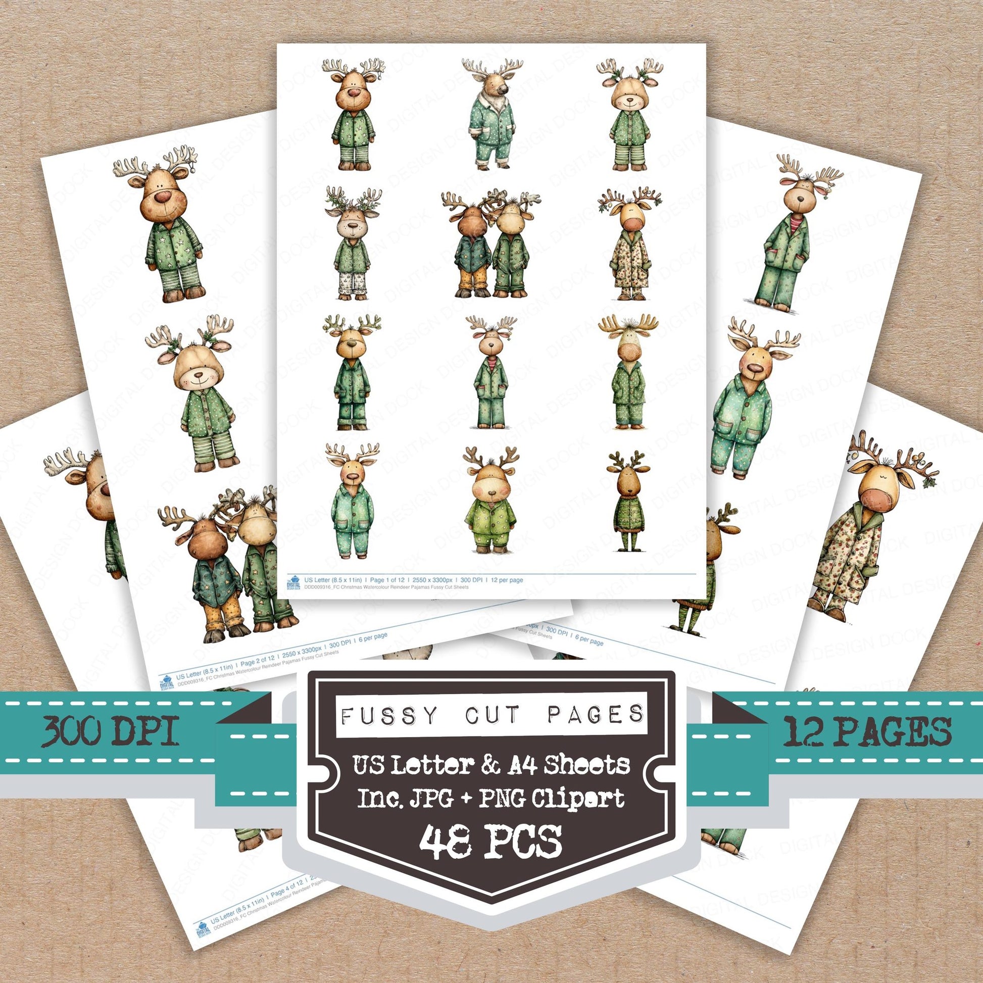 Christmas Watercolour Reindeer Pajamas fussy cut printable sheets for junk journaling, scrapbooking, and paper craft projects