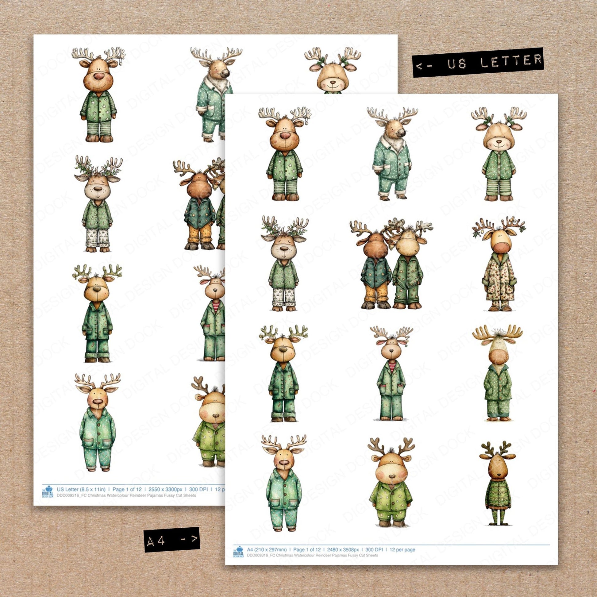 A4 and US Letter format comparison showing Christmas Watercolour Reindeer Pajamas fussy cut pages for print and cut crafting
