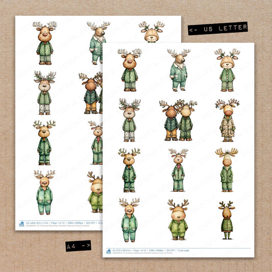 A4 and US Letter format comparison showing Christmas Watercolour Reindeer Pajamas fussy cut pages for print and cut crafting