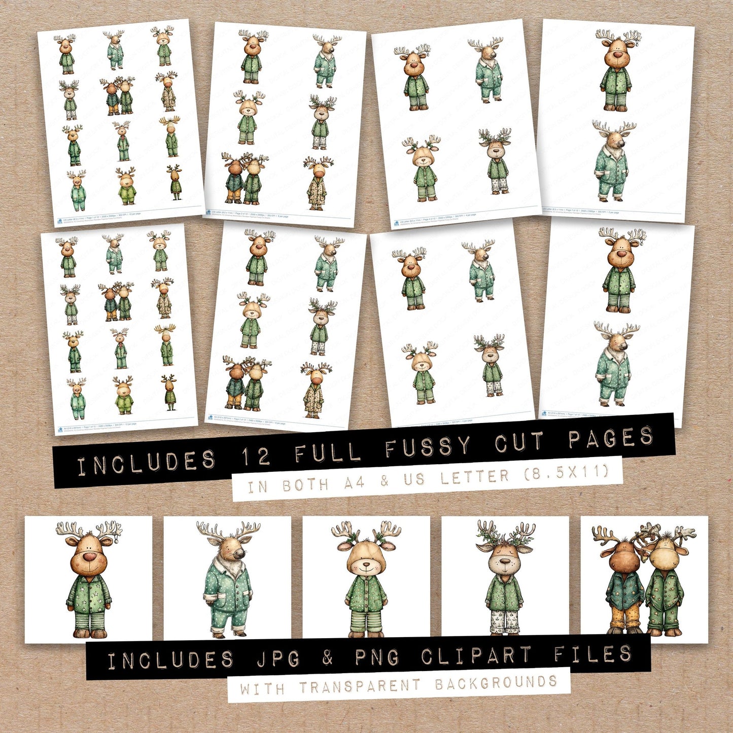 Full collection view of Christmas Watercolour Reindeer Pajamas fussy cut sheets with bonus clipart JPG and PNG files