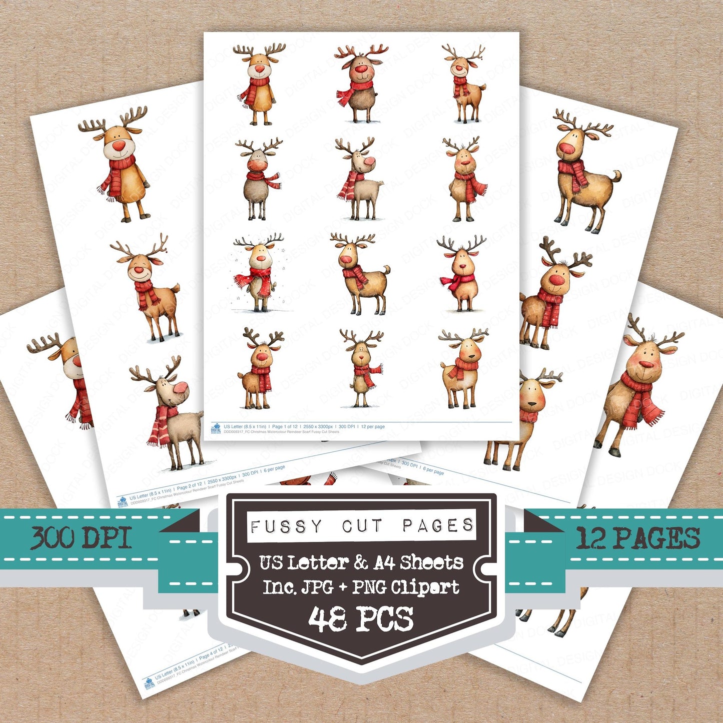 Christmas Watercolour Reindeer Scarf fussy cut printable sheets for junk journaling, scrapbooking, and paper craft projects