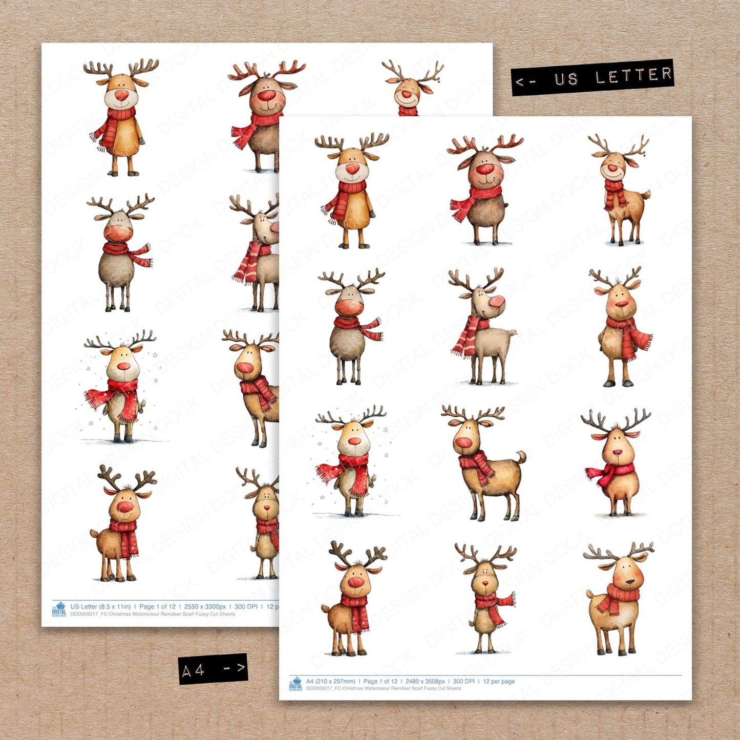 A4 and US Letter format comparison showing Christmas Watercolour Reindeer Scarf fussy cut pages for print and cut crafting