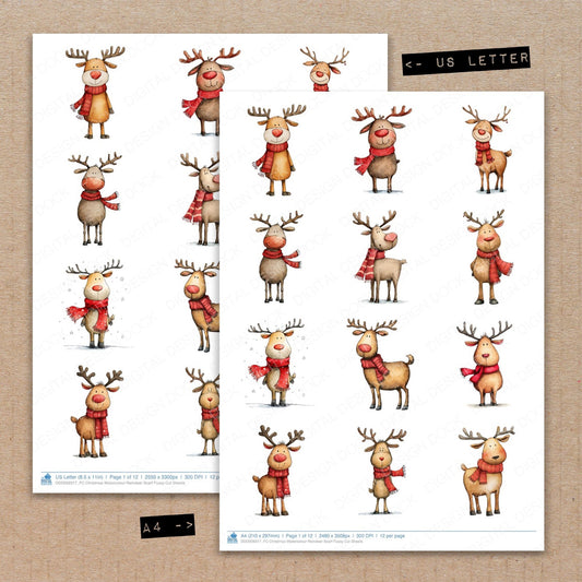 A4 and US Letter format comparison showing Christmas Watercolour Reindeer Scarf fussy cut pages for print and cut crafting