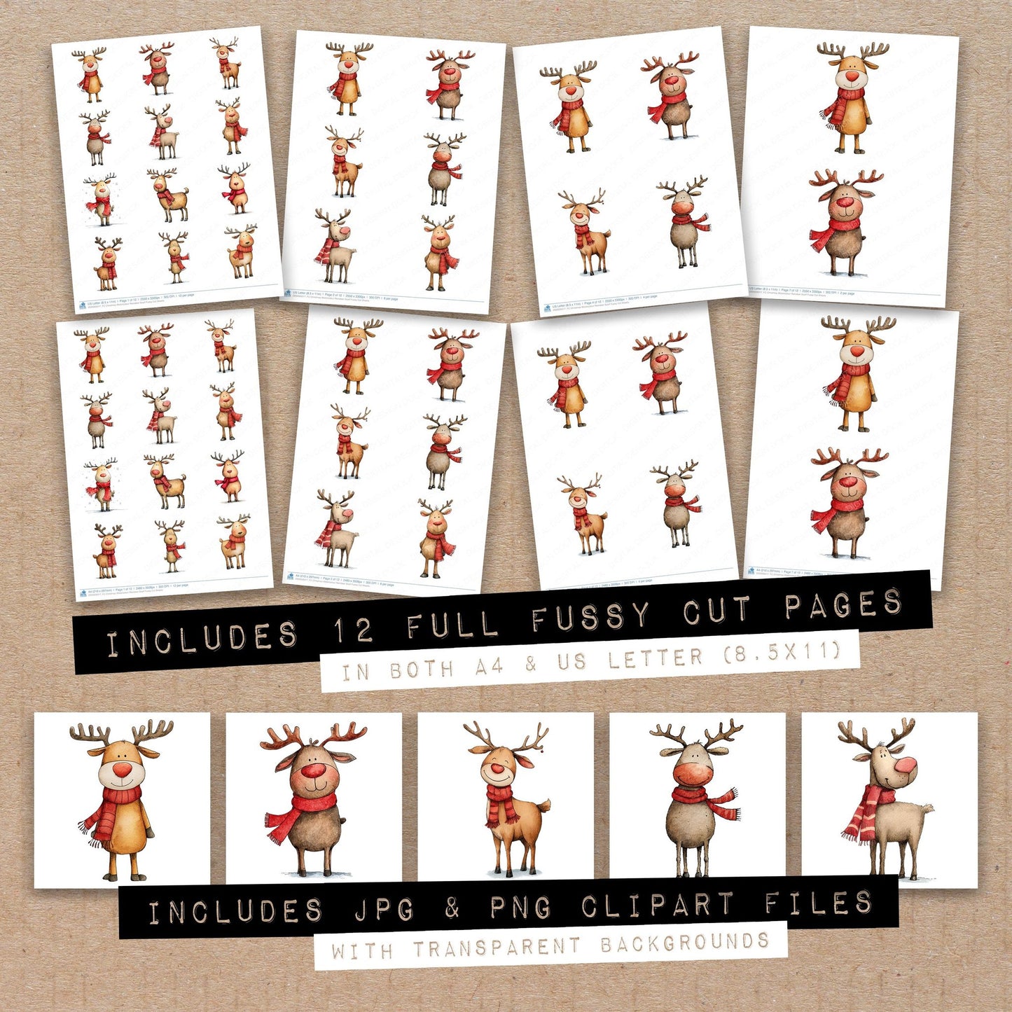 Full collection view of Christmas Watercolour Reindeer Scarf fussy cut sheets with bonus clipart JPG and PNG files