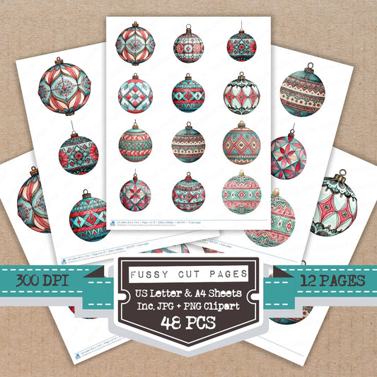 Christmas Watercolour Retro Bauble fussy cut printable sheets for junk journaling, scrapbooking, and paper craft projects