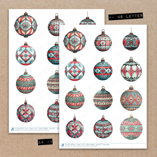 A4 and US Letter format comparison showing Christmas Watercolour Retro Bauble fussy cut pages for print and cut crafting