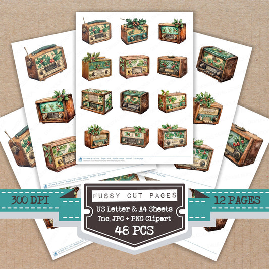 Christmas Watercolour Retro Radio fussy cut printable sheets for junk journaling, scrapbooking, and paper craft projects