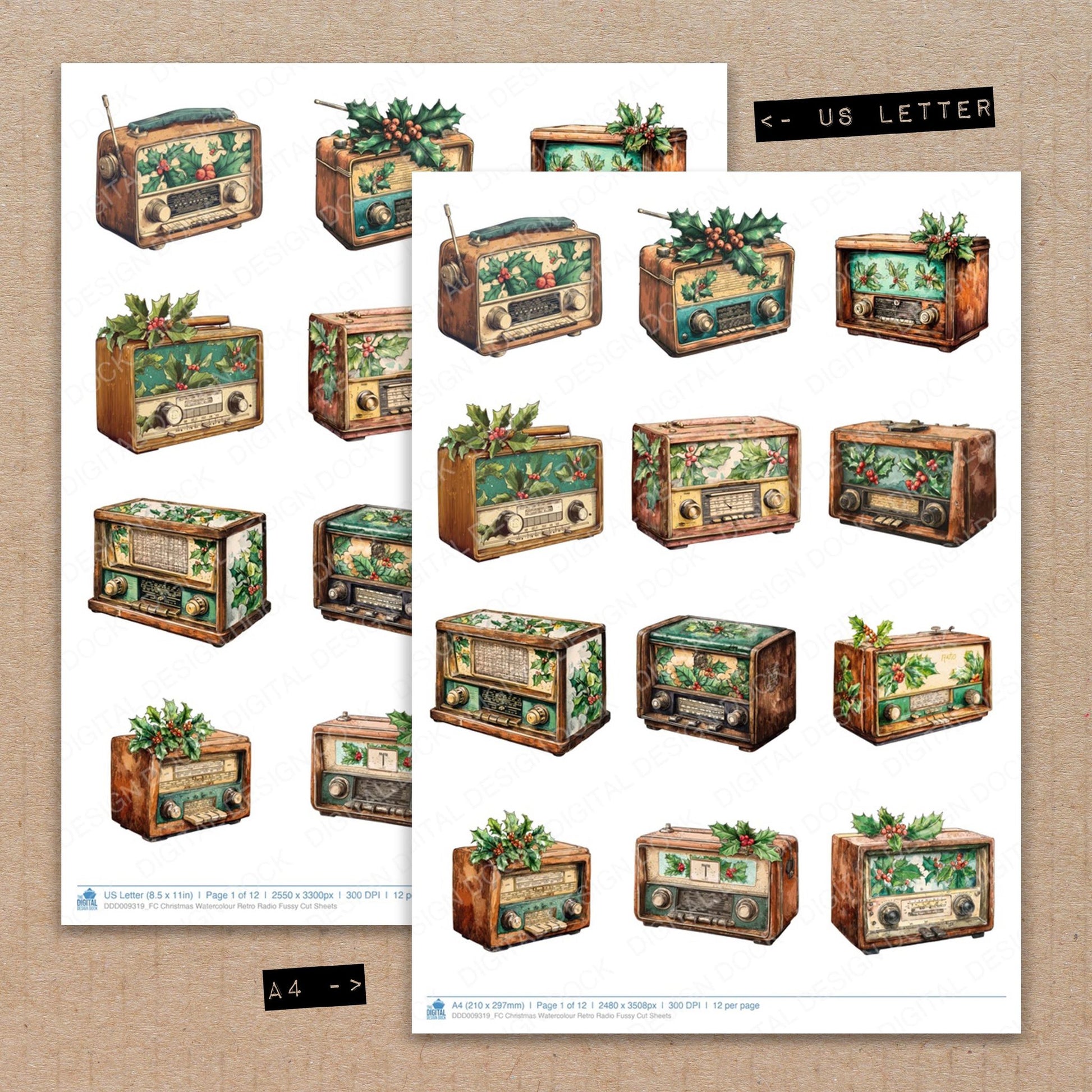 A4 and US Letter format comparison showing Christmas Watercolour Retro Radio fussy cut pages for print and cut crafting