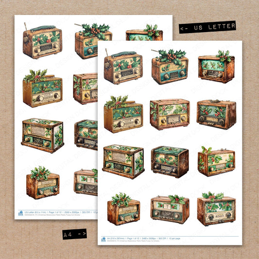 A4 and US Letter format comparison showing Christmas Watercolour Retro Radio fussy cut pages for print and cut crafting