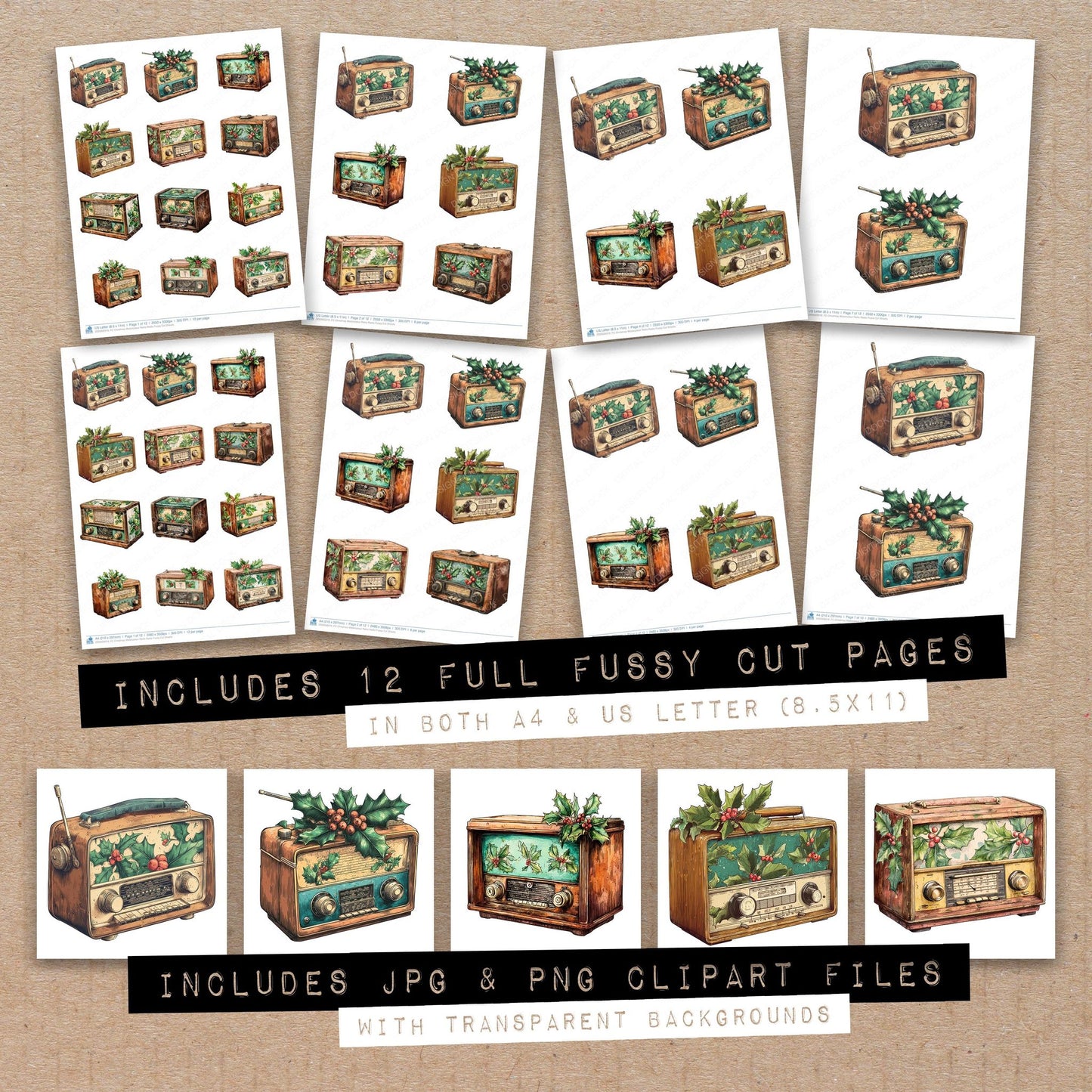 Full collection view of Christmas Watercolour Retro Radio fussy cut sheets with bonus clipart JPG and PNG files