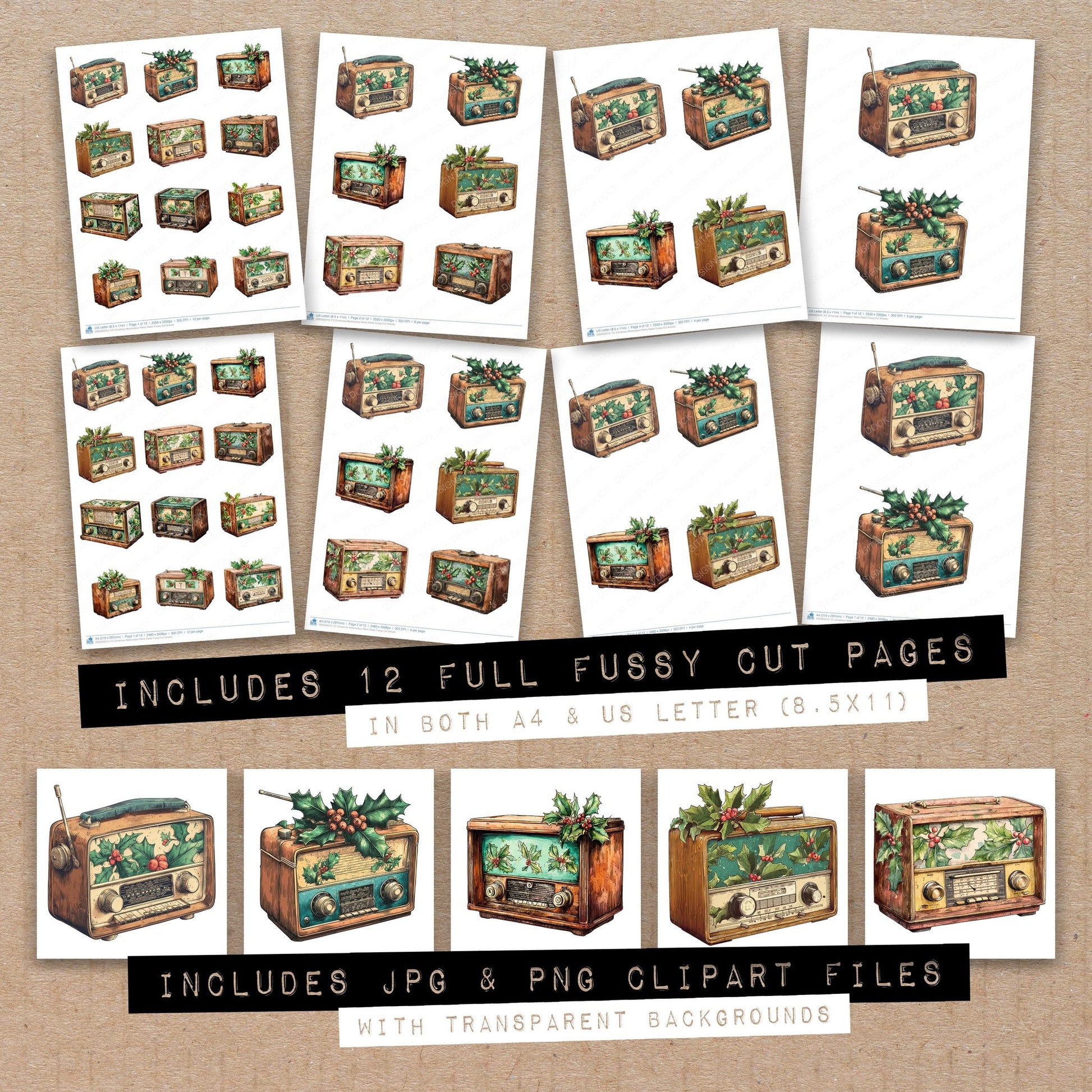 Full collection view of Christmas Watercolour Retro Radio fussy cut sheets with bonus clipart JPG and PNG files