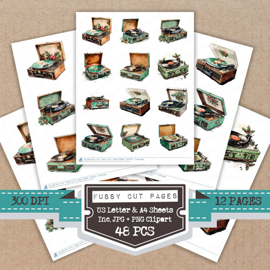 Christmas Watercolour Retro Record Player fussy cut printable sheets for junk journaling, scrapbooking, and paper craft projects
