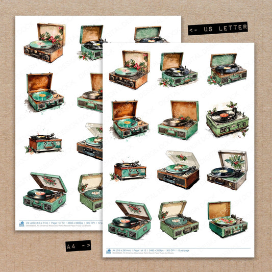 A4 and US Letter format comparison showing Christmas Watercolour Retro Record Player fussy cut pages for print and cut crafting