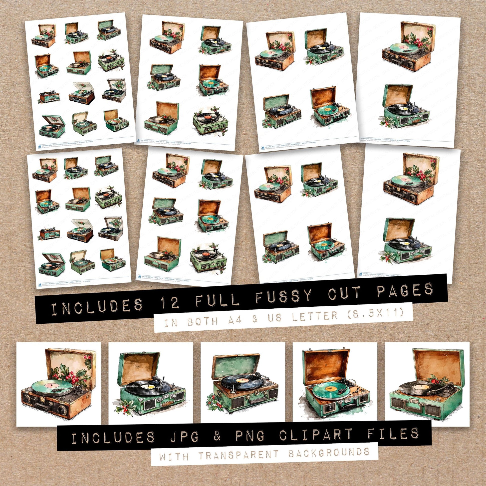 Full collection view of Christmas Watercolour Retro Record Player fussy cut sheets with bonus clipart JPG and PNG files