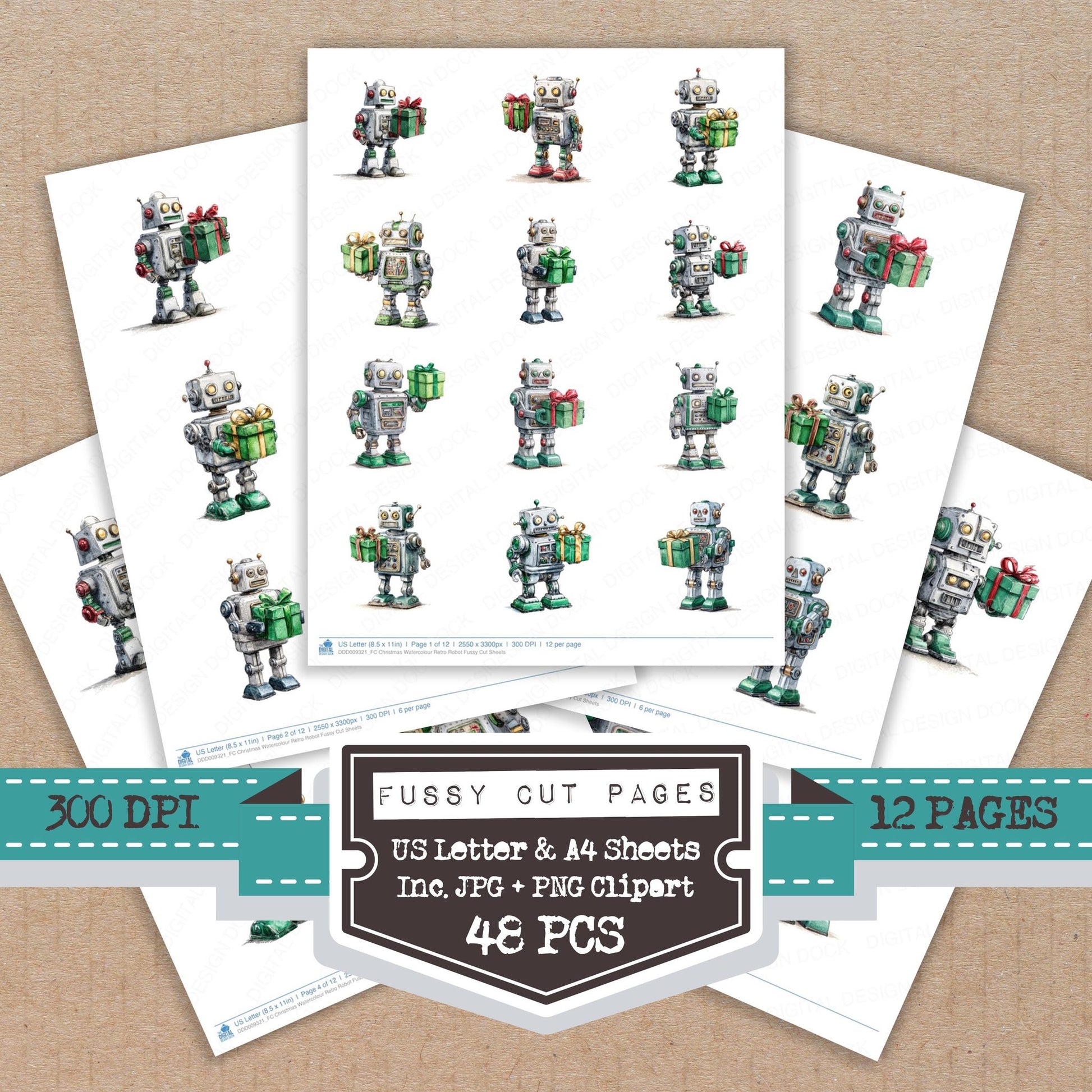 Christmas Watercolour Retro Robot fussy cut printable sheets for junk journaling, scrapbooking, and paper craft projects