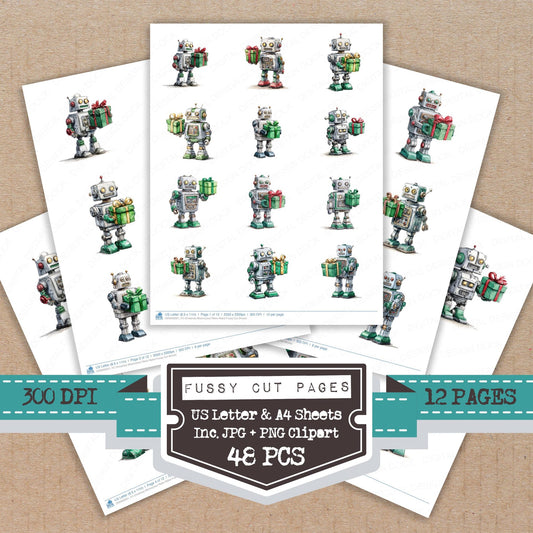 Christmas Watercolour Retro Robot fussy cut printable sheets for junk journaling, scrapbooking, and paper craft projects