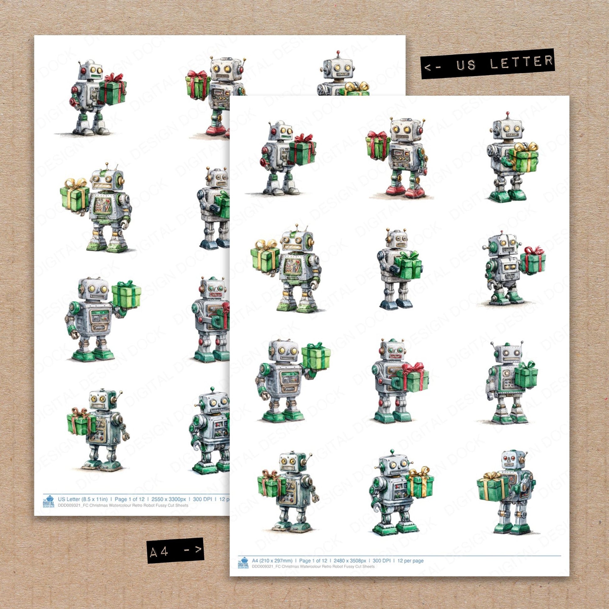 A4 and US Letter format comparison showing Christmas Watercolour Retro Robot fussy cut pages for print and cut crafting