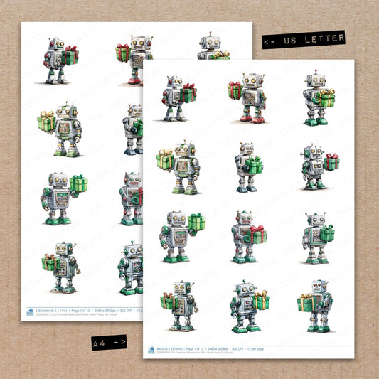 A4 and US Letter format comparison showing Christmas Watercolour Retro Robot fussy cut pages for print and cut crafting