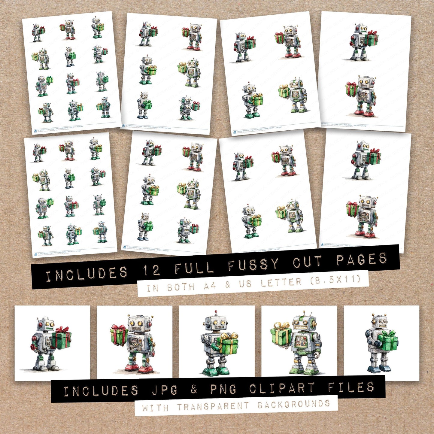 Full collection view of Christmas Watercolour Retro Robot fussy cut sheets with bonus clipart JPG and PNG files