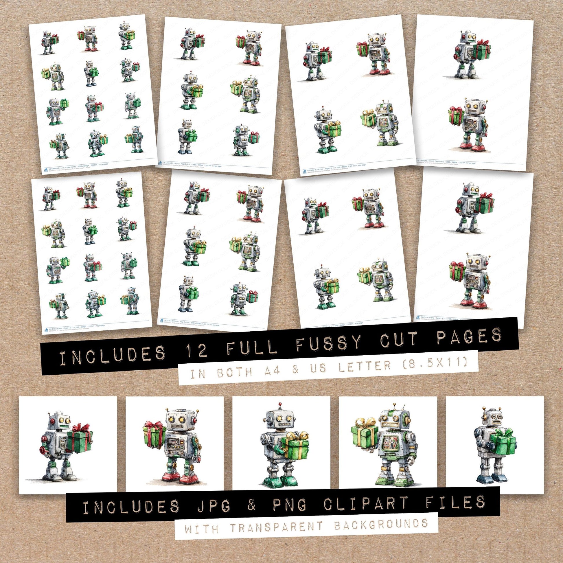 Full collection view of Christmas Watercolour Retro Robot fussy cut sheets with bonus clipart JPG and PNG files