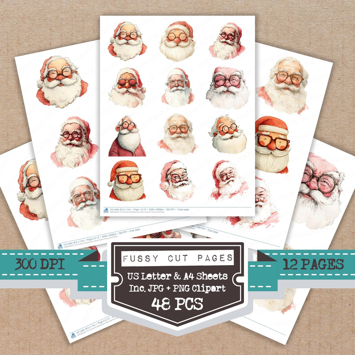 Christmas Watercolour Retro Santa fussy cut printable sheets for junk journaling, scrapbooking, and paper craft projects